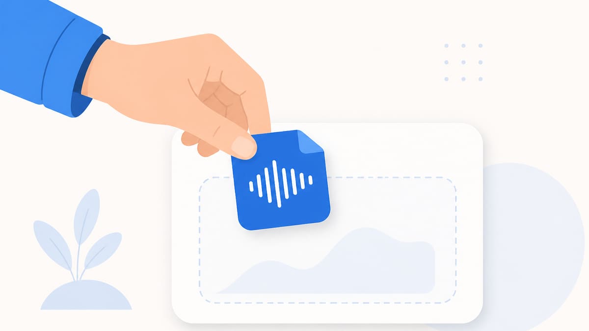 Editorial illustration of a person dropping a compact audio file onto a simple card
